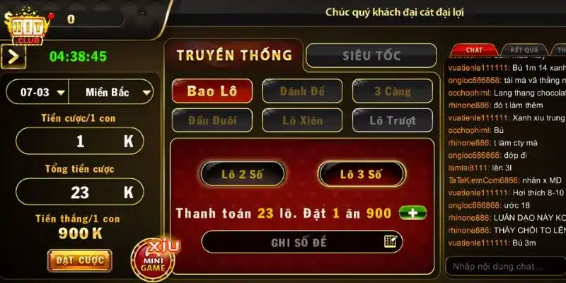 Giao diện màn hình cược XS tại HitClub
